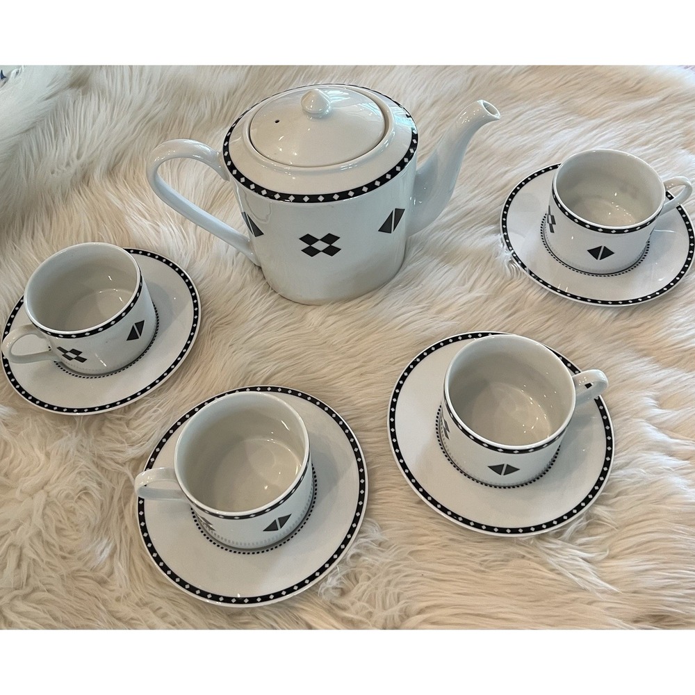 Modern Black and White Geometric Diamond Ceramic Teapot and 4 Cup Saucer Set
